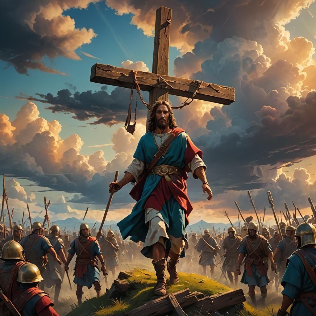 Jesus Christ Carries Cross in Vibrant Fantasy Art