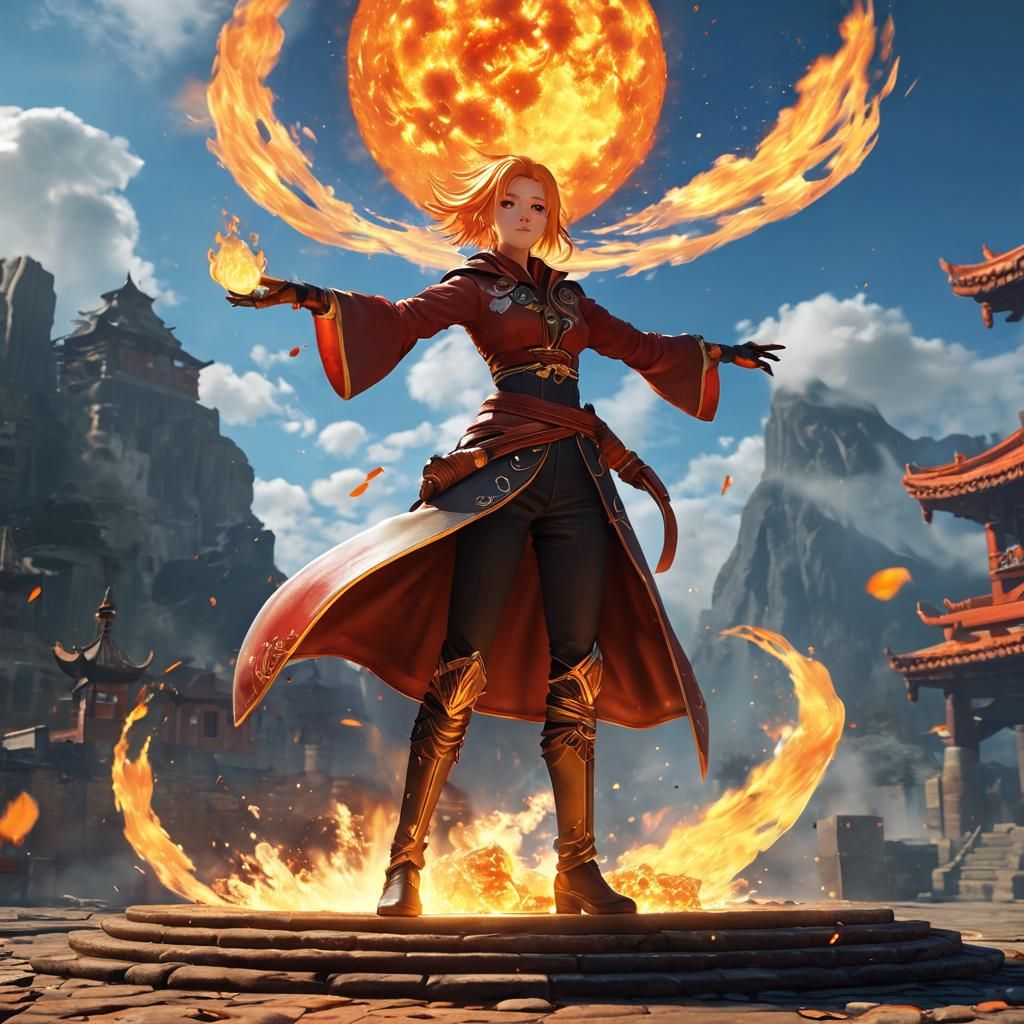 Female Fire Mage Creates Massive Fireball in Anime Style