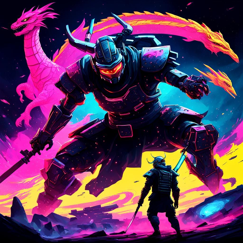 Cyberpunk Robot Ninja Battles Space Dragon