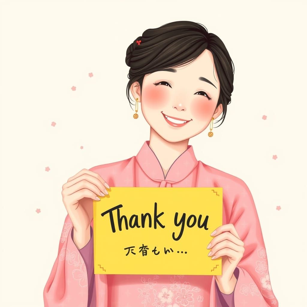 Whimsical Korean Woman Holding Thank You Sign in Pastel Pink...