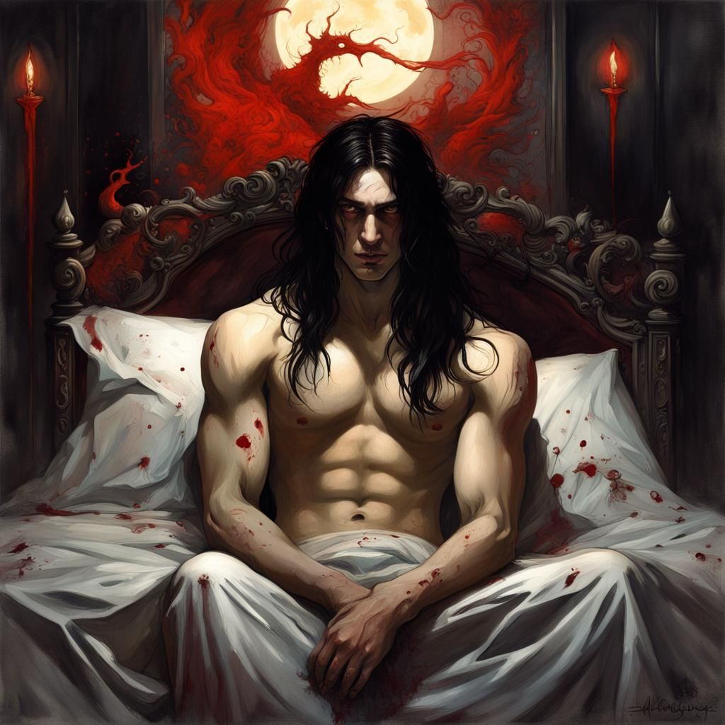 Gothic Incubus in Lavish Bed as Oil Painting