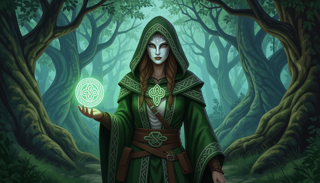 Mystical Druid with Glowing Rune Stone in Ancient Forest