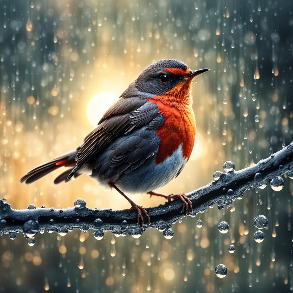 Red Robin in Dew Drops: Micro Photography
