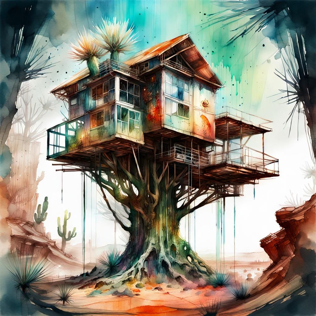 Mars Treehouse in Cactus: Digital Watercolor Art