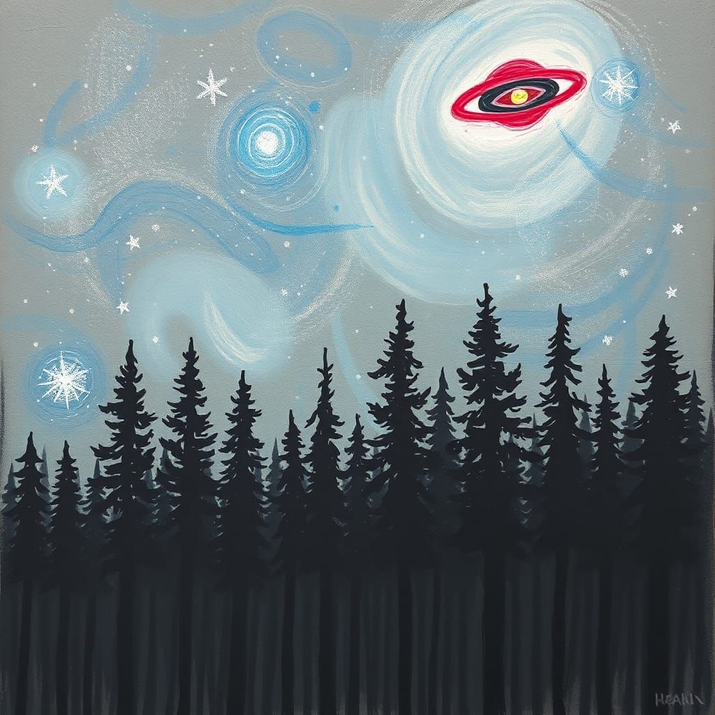 Red UFO over Forest in Chalk Sketch Style