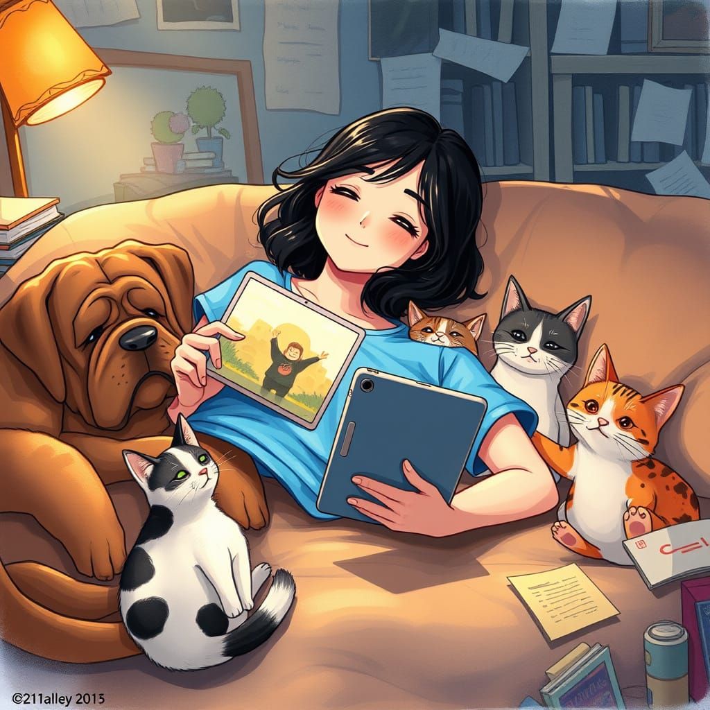 Ghibli-Inspired Girl Surrounded by Loyal Companions in Cozy ...