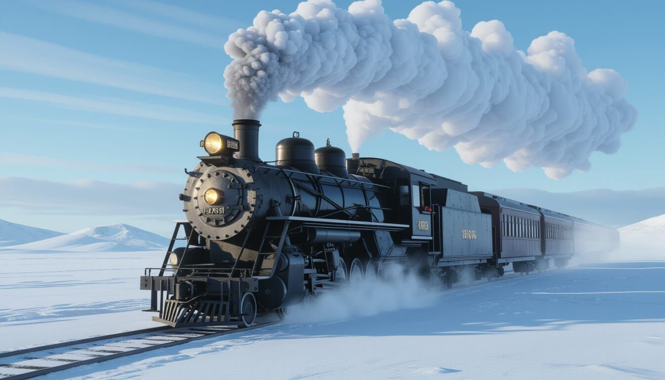 Steam Train in Snowy Tundra Cinematic Matte Painting