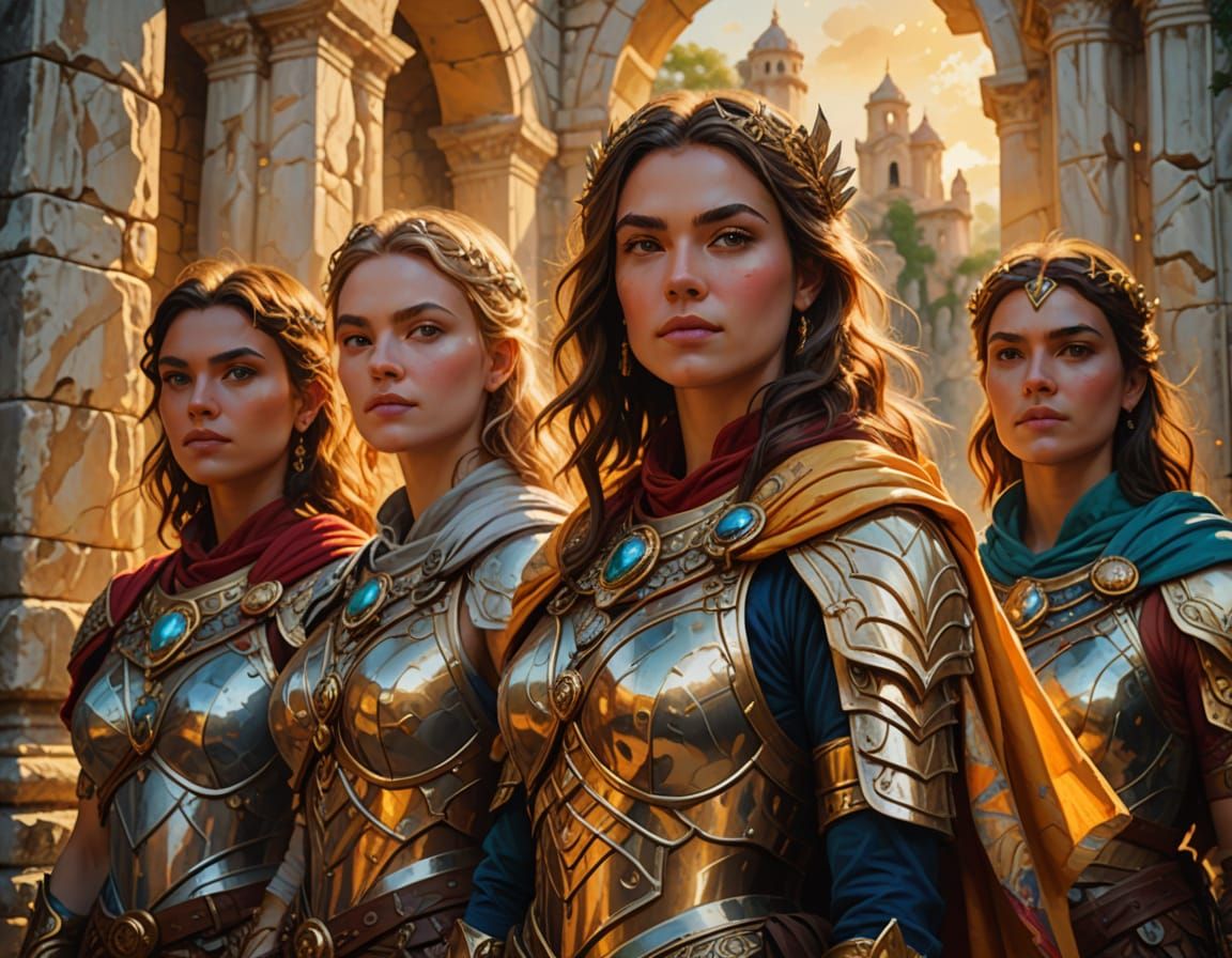 Fantasy Adventurers Pose Before Ancient Marble Ruin