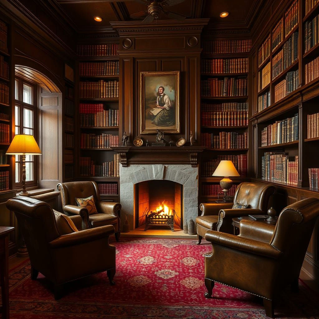 Warm Cozy Library Study in Dark Wood Paneling