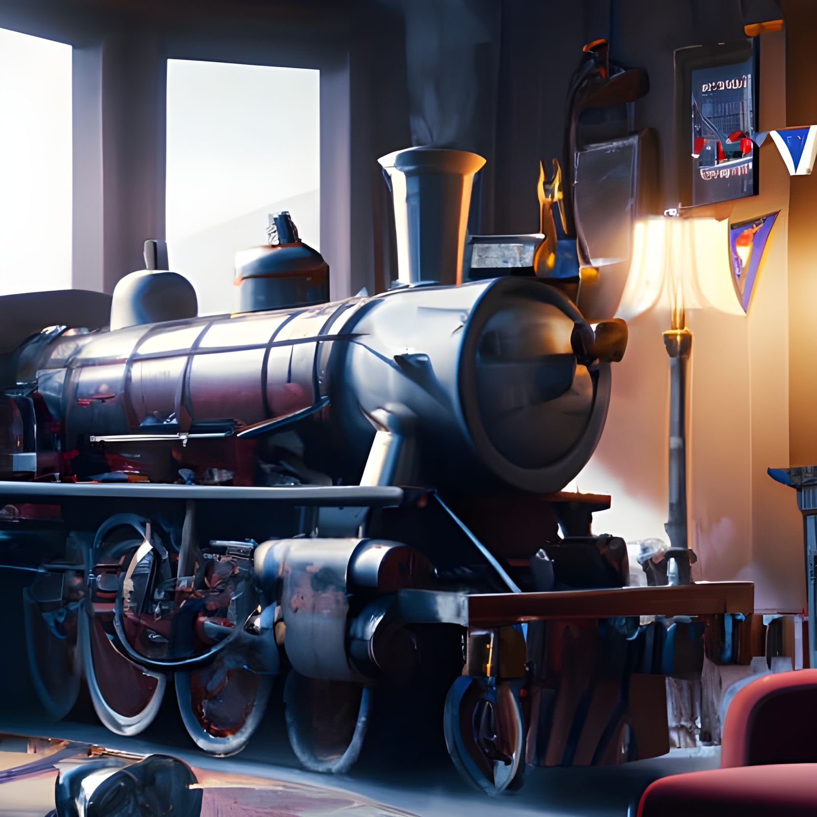 Train Engine in Living Room: Digital Matte Painting