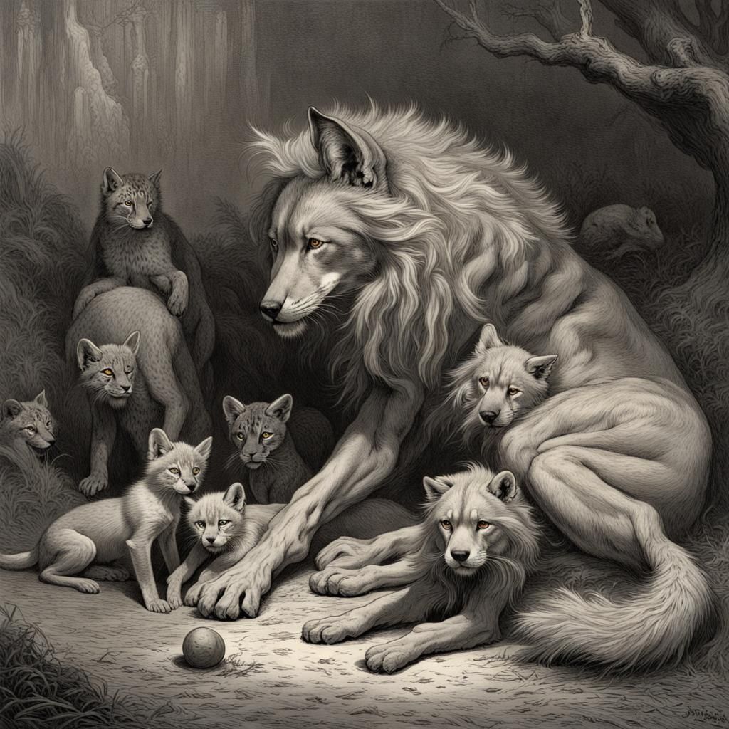 Horrific Hybrid Animals in Doré and Rutkowski Style