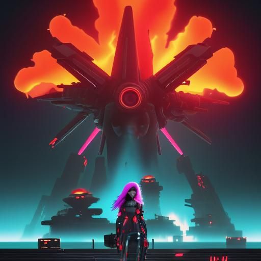 Cyberpunk Devil Face Emerges From Fiery Missiles