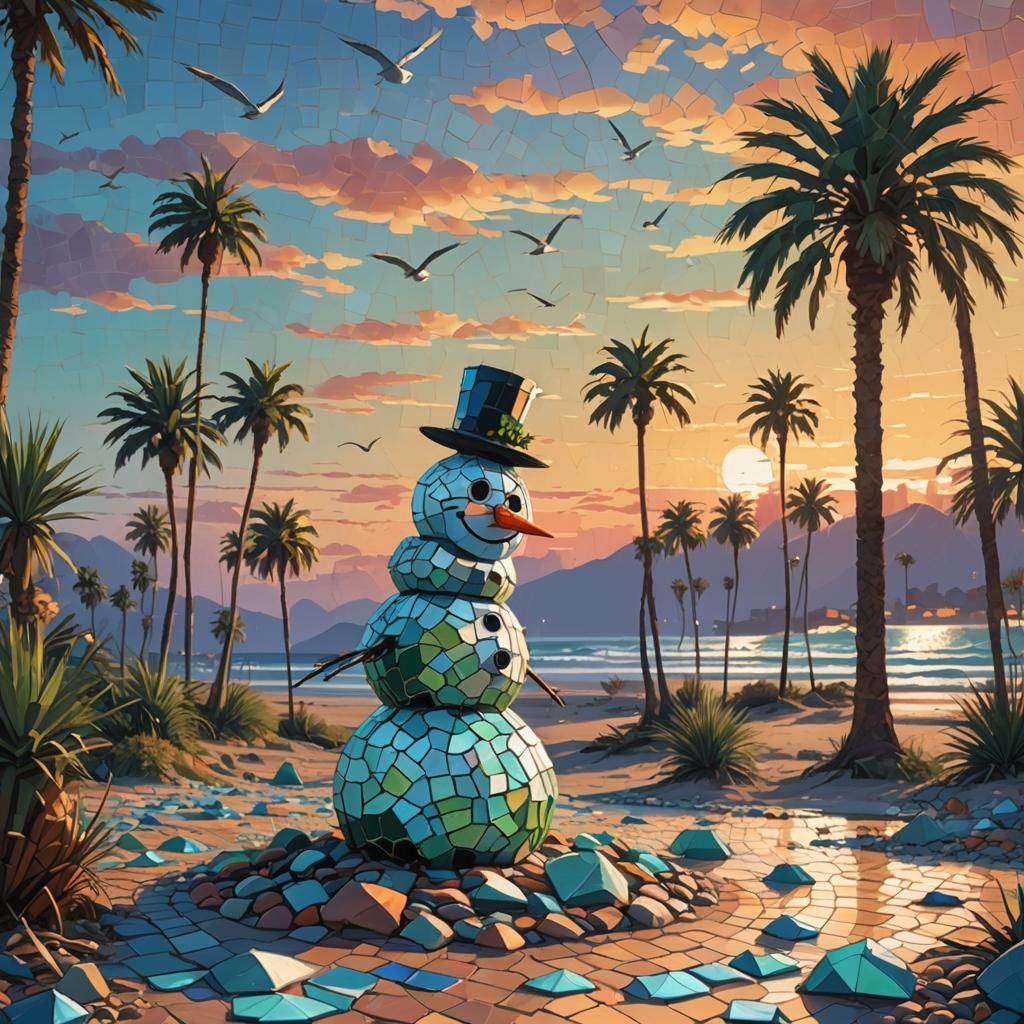 Mosaic Snowman on Beach at Sunset: Digital Art