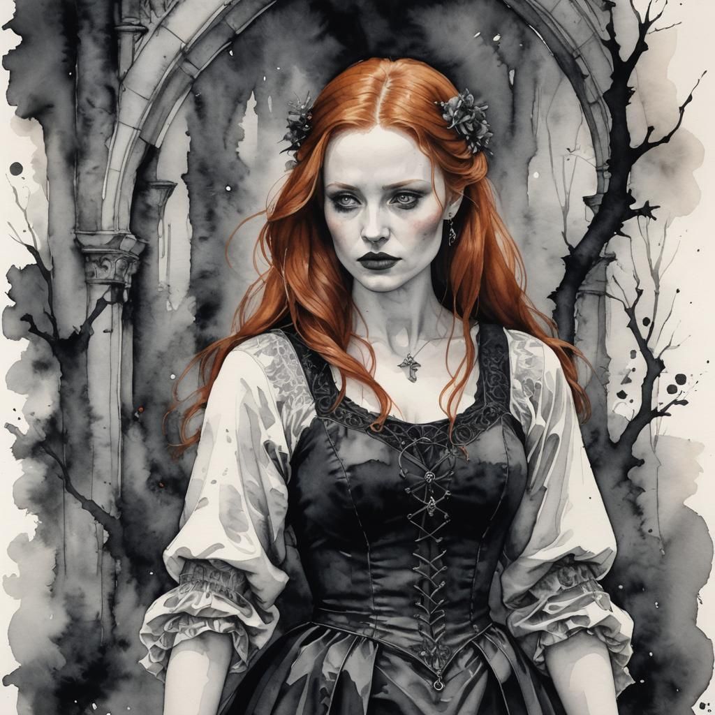Gothic Redhead in Black and White Watercolor