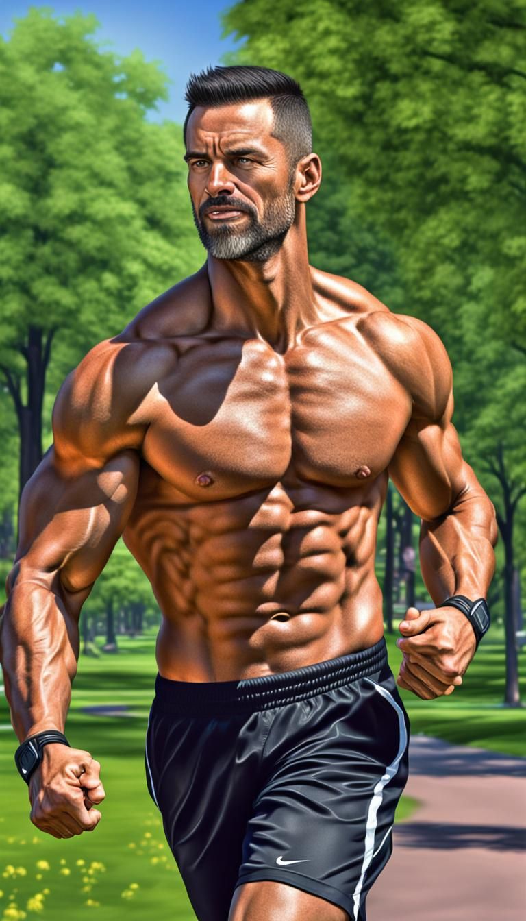 Muscular Man Jogging in Park, Photorealistic Image