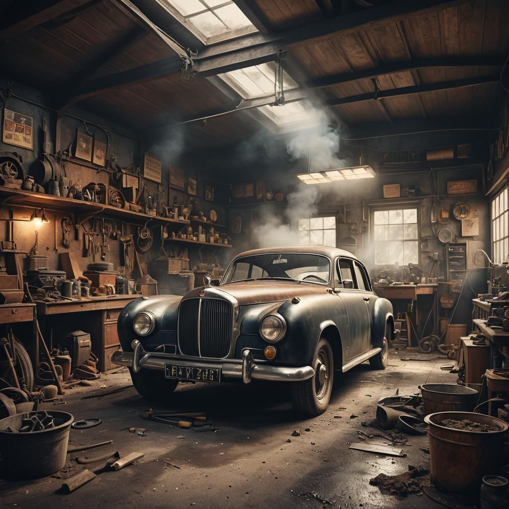 Vintage Car Repair in Dark Garage: Digital Matte Painting