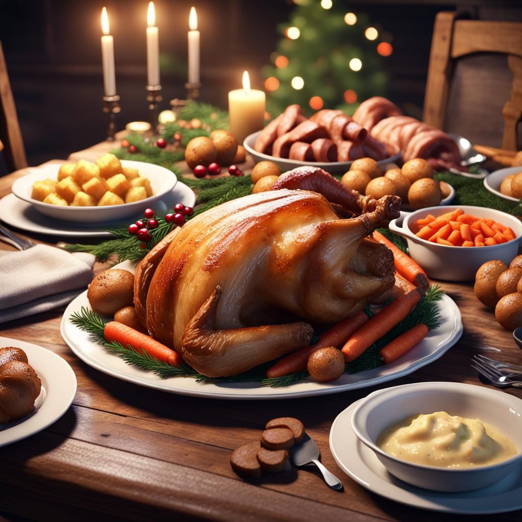 Christmas Dinner Plate in 3D Game Cinematic Style
