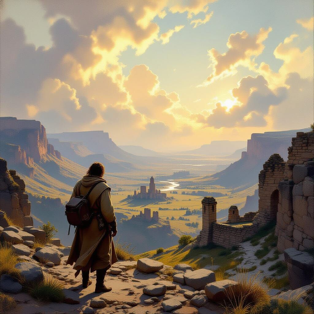 Lone Traveler on Mountain Pass in Painterly Style