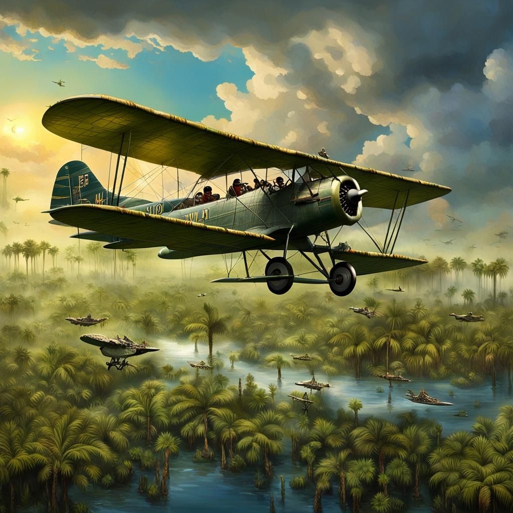 Biplane Flight Over Alligator-Infested Everglades Swamp