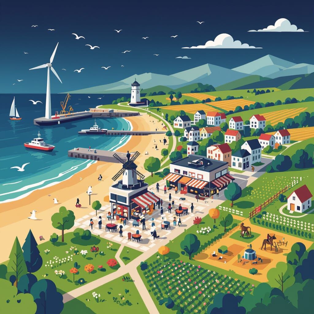 Modern Vectorized Landscape with Harbor, Town, and Rural Sce...