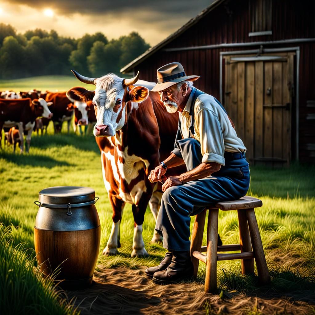 Hyperrealistic Rural Scene: Farmer Milking Cow