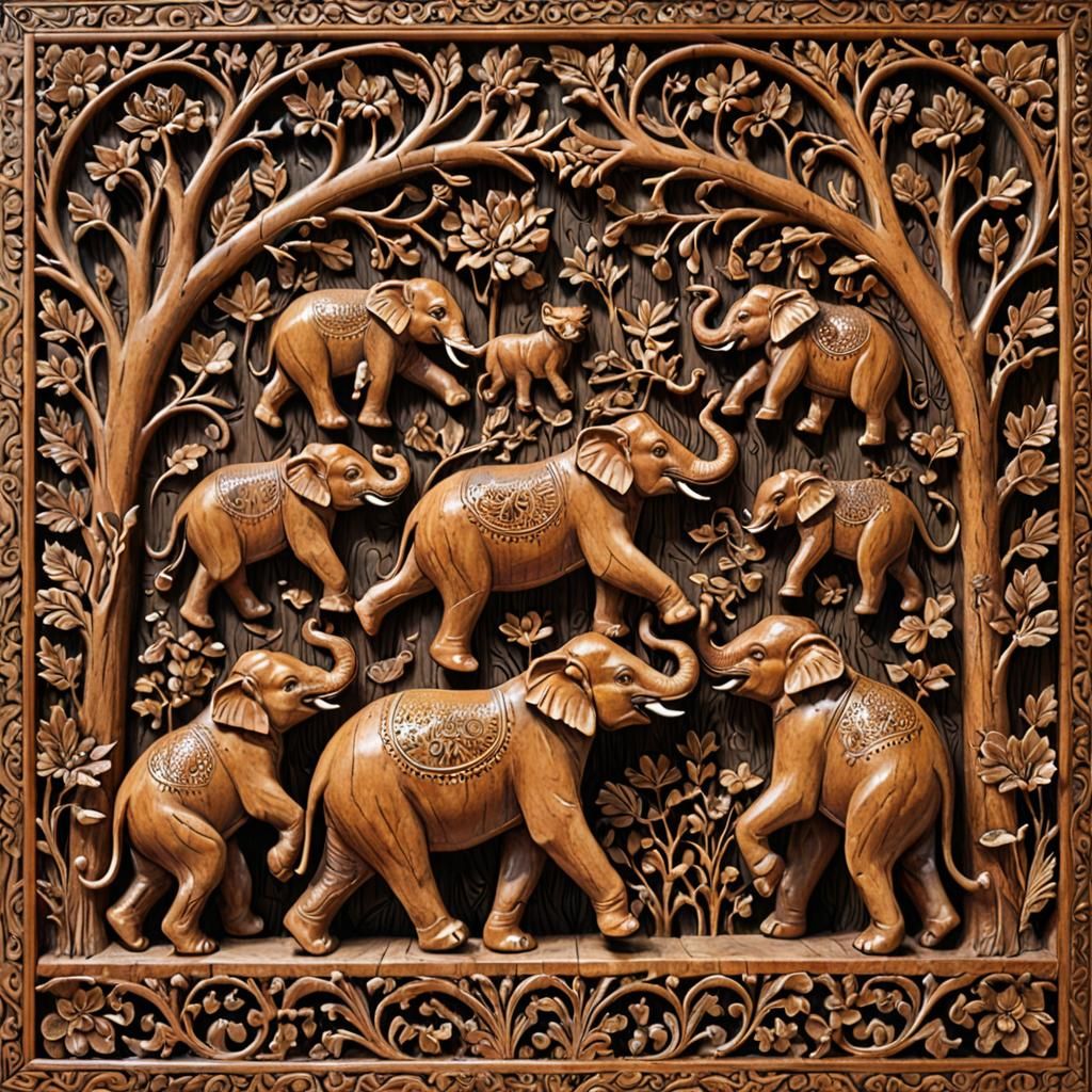 Dancing Elephants and Cats Wood Relief