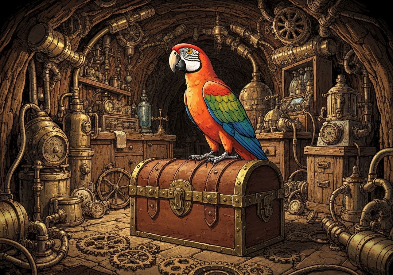 Steampunk Parrot Guardian of Treasure Chest