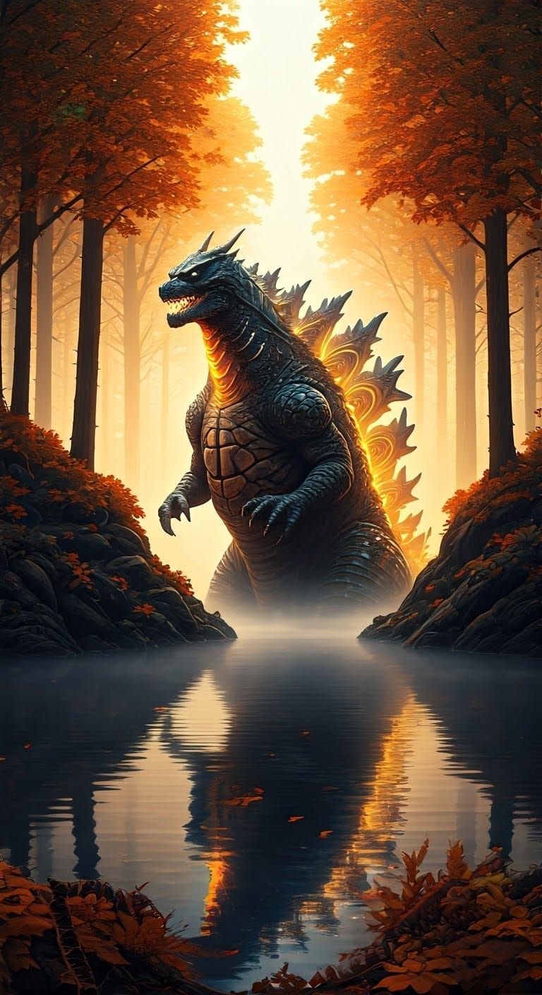 Godzilla Emerges in Steampunk Autumn Landscape