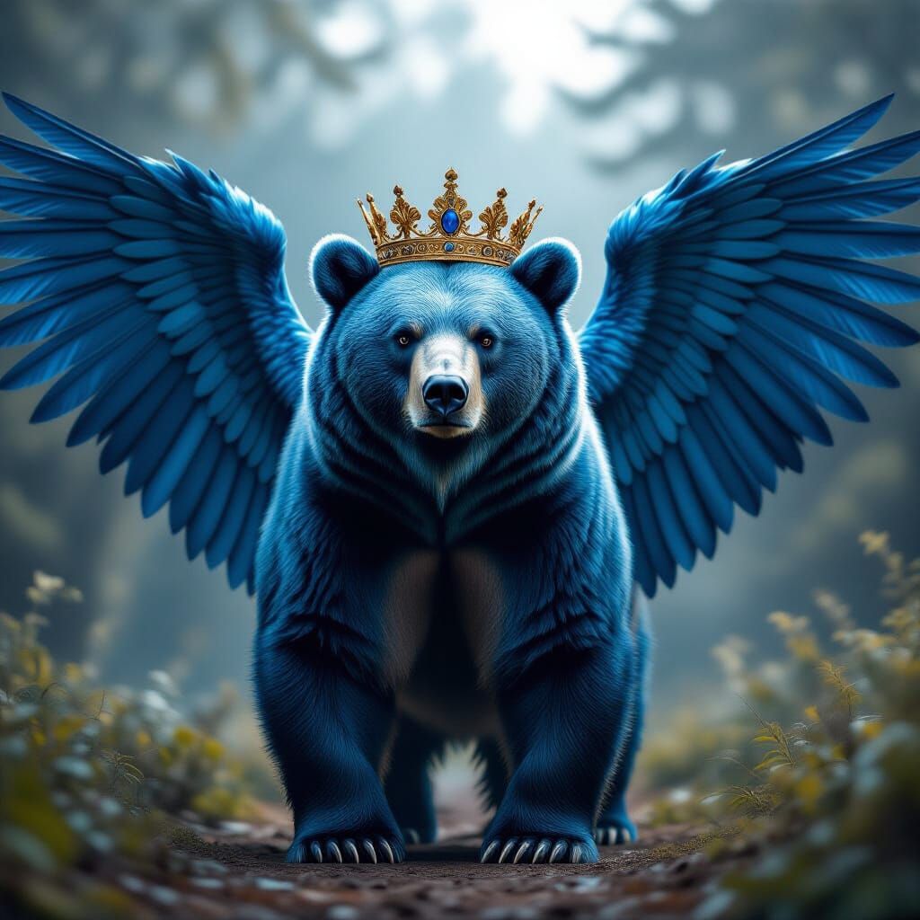 Majestic Blue Bear with Golden Crown and Wings