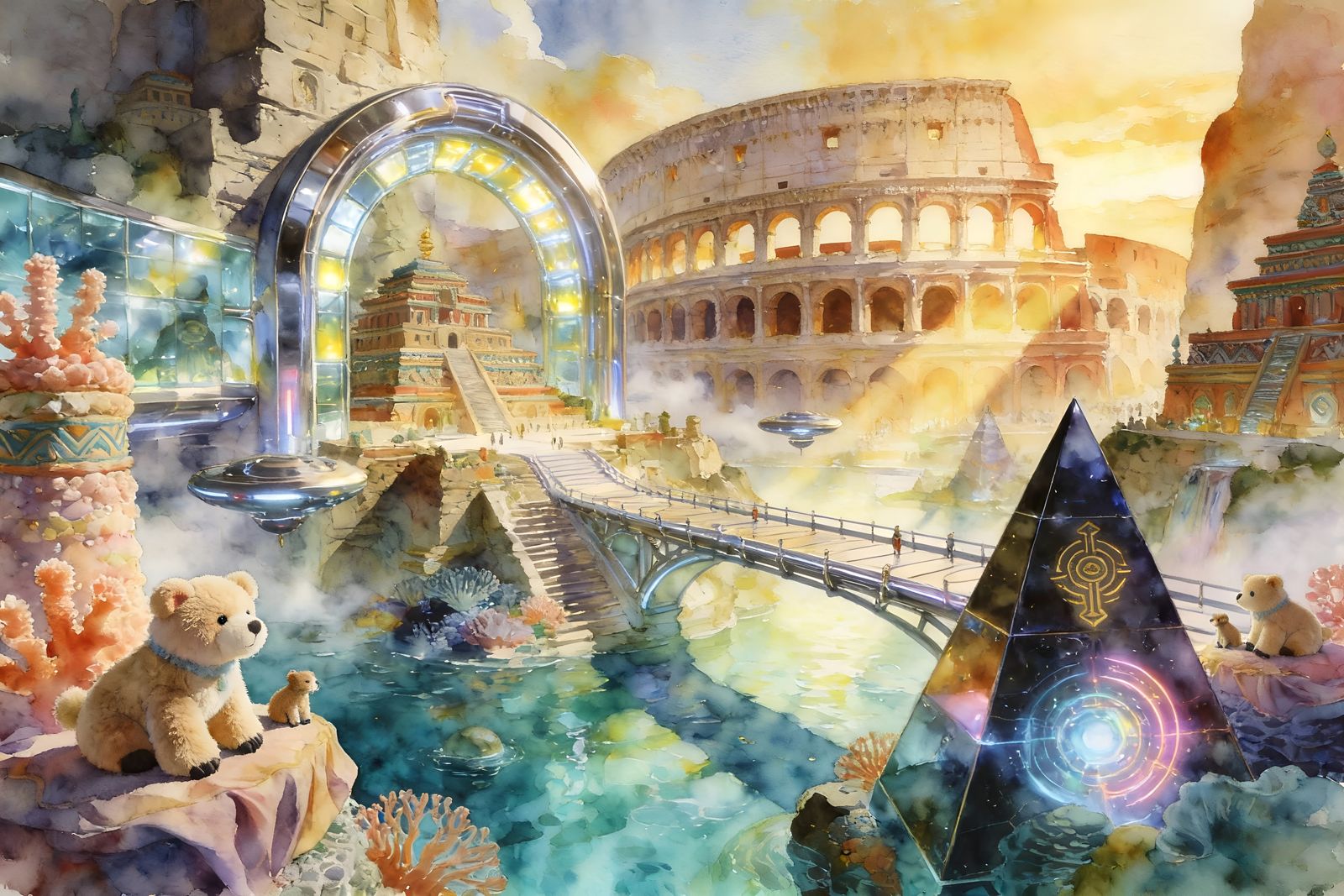 Futuristic Rome Fuses Colosseum, Aztec Temple, and Atlantis