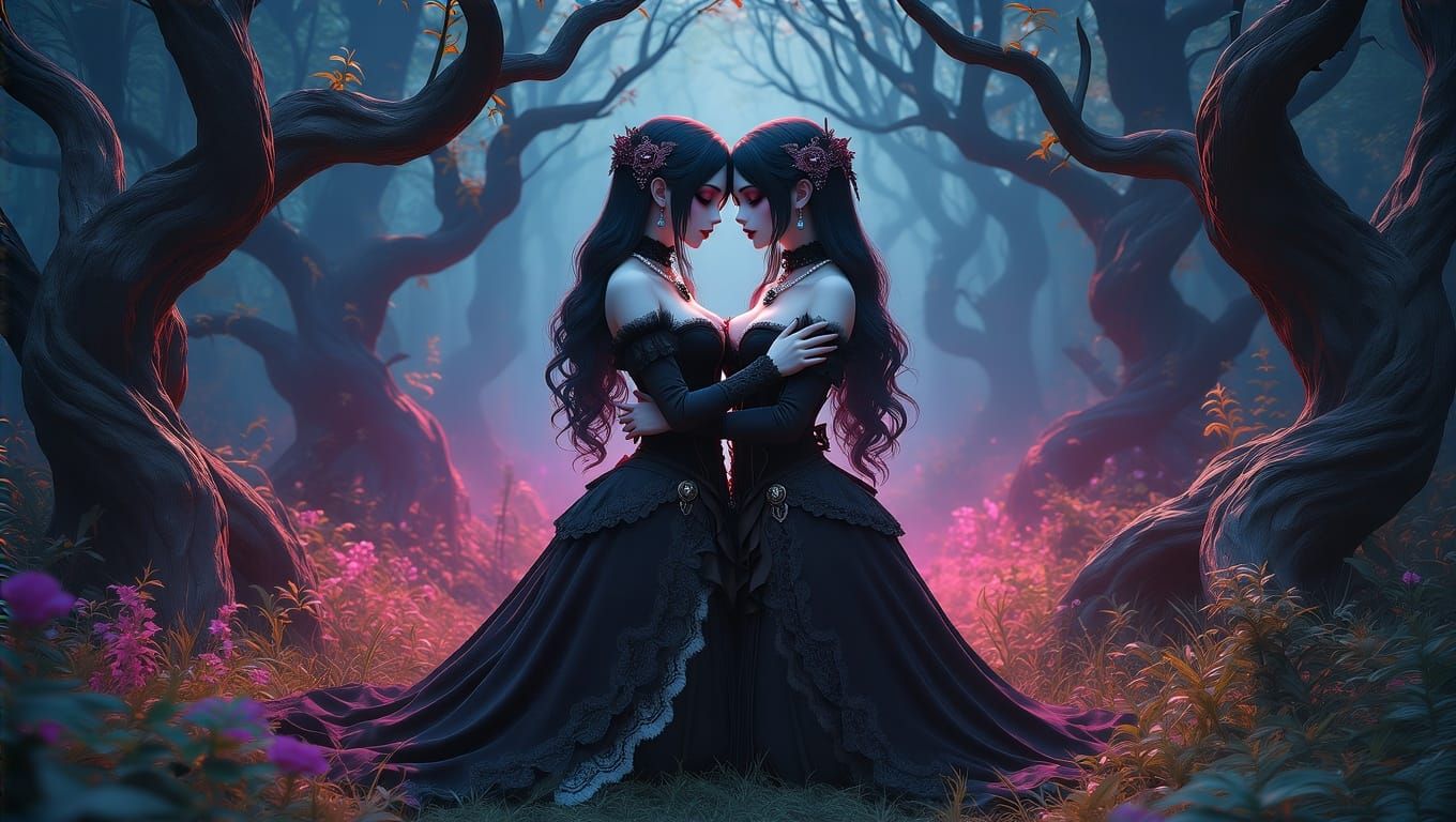 Gothic Vampire Lovers in Mystical Forest