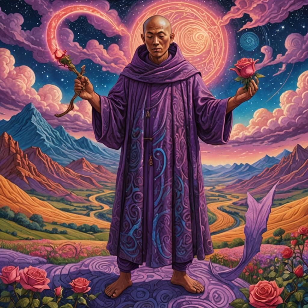 Monk with Rose and Sickle in Cosmic Astral Art