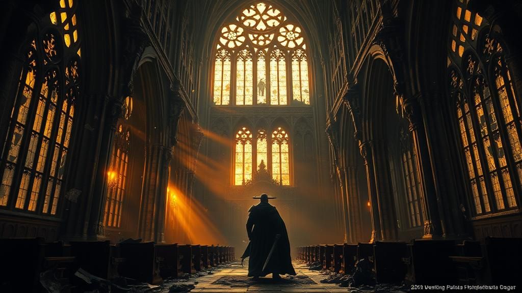 Paladin's Prayer in Gothic Cathedral: Dark Surrealism