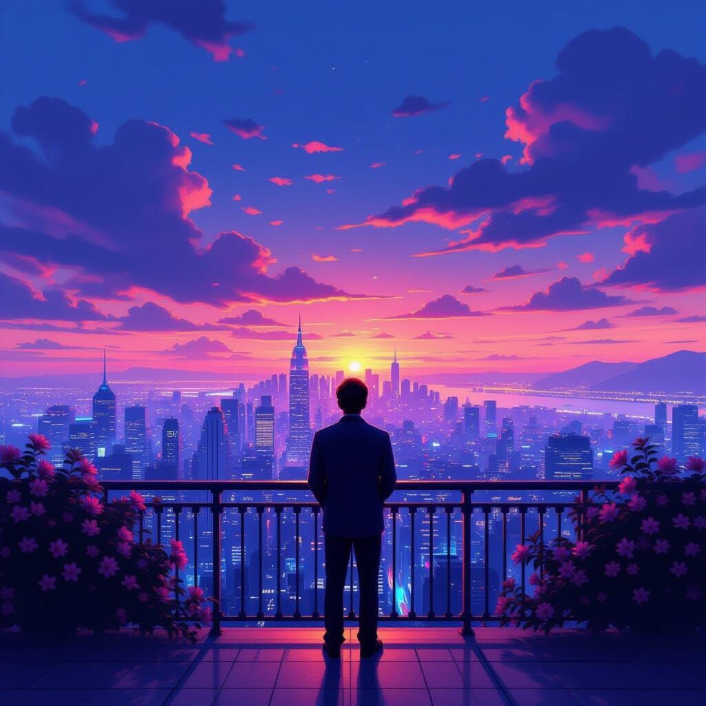 Figure on Balcony Overlooking Neon City at Dusk