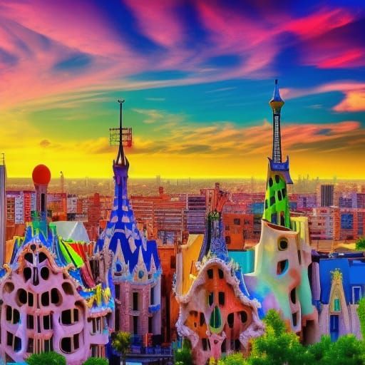 Fantasy City in Colorful Clouds: Gaudi-Inspired World