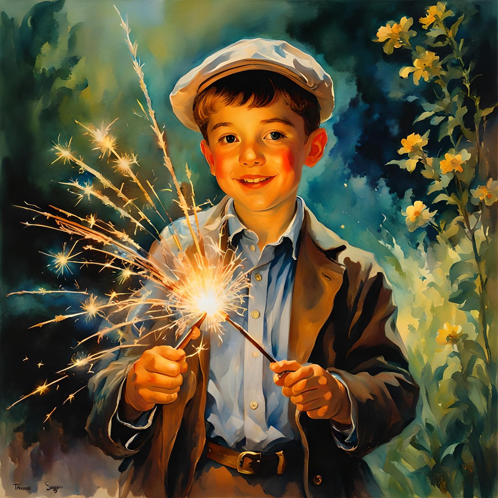 Boy with Sparkler: Watercolor and Ink Illustration