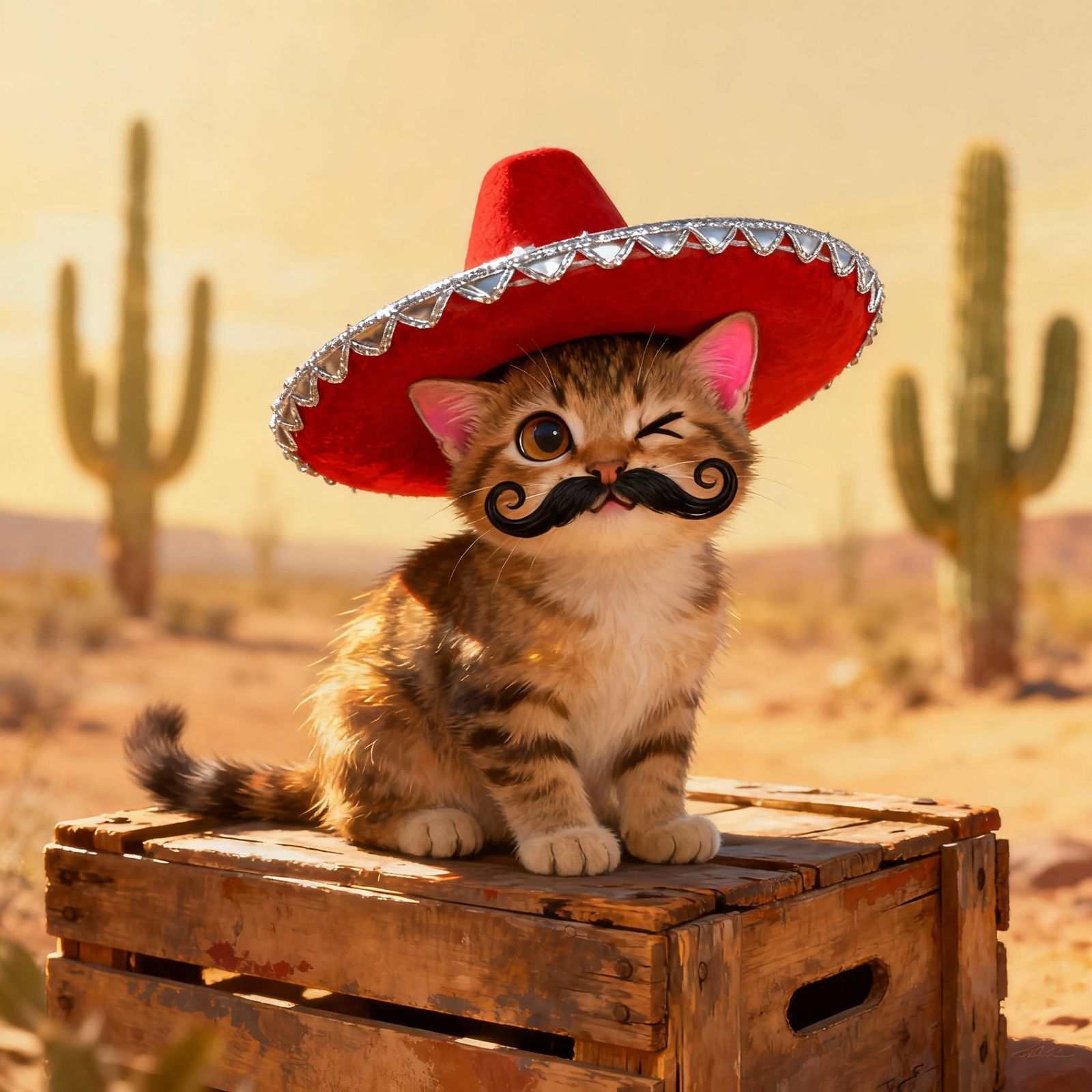 Hyper-Realistic Mexican Cat in Sombrero with Curly Moustache