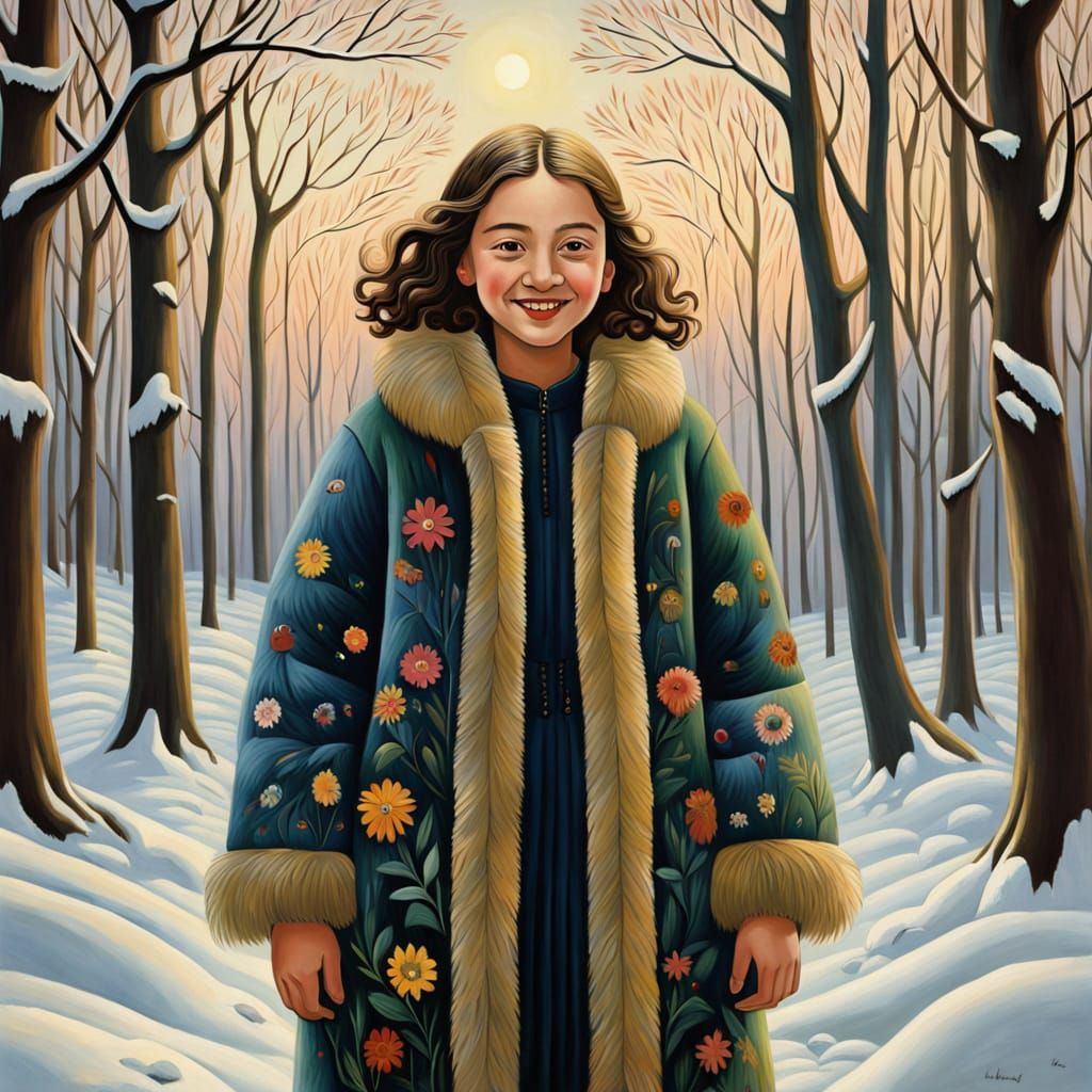 Vibrant Whimsy in a Snowy Forest: Naïve Art Masterpiece