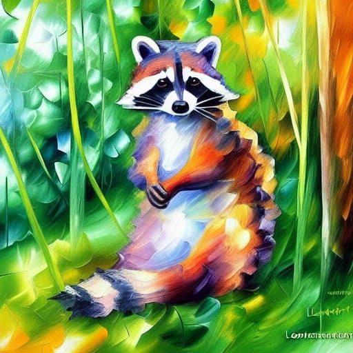 Raccoon in Grassy Field as Impressionistic Gouache
