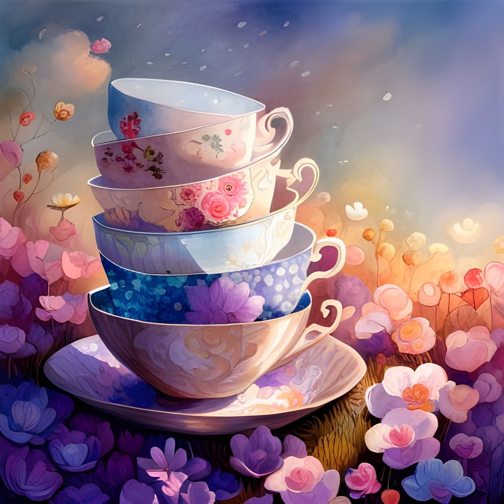 Stacked Teacups in Watercolor Patchwork Style