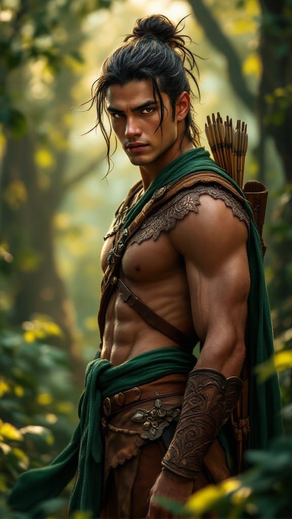 Ekalavya: Young Archer in Lush Forest, Fantasy Art