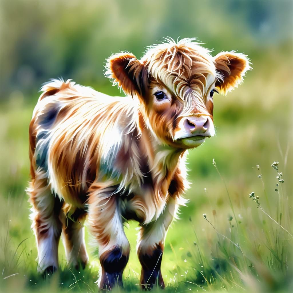 Highland Calf Portrait in Watercolor Style