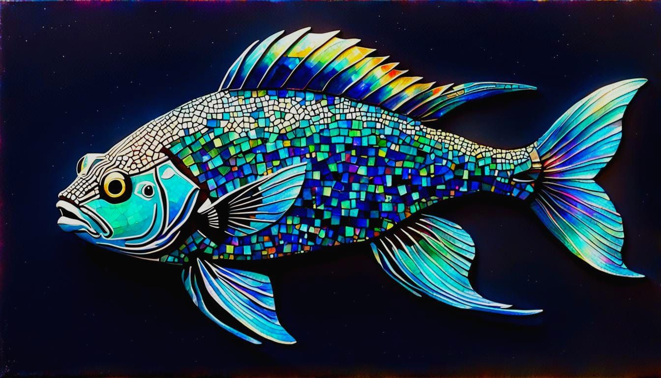Iridescent Blue Fish Mosaic Mixed Media