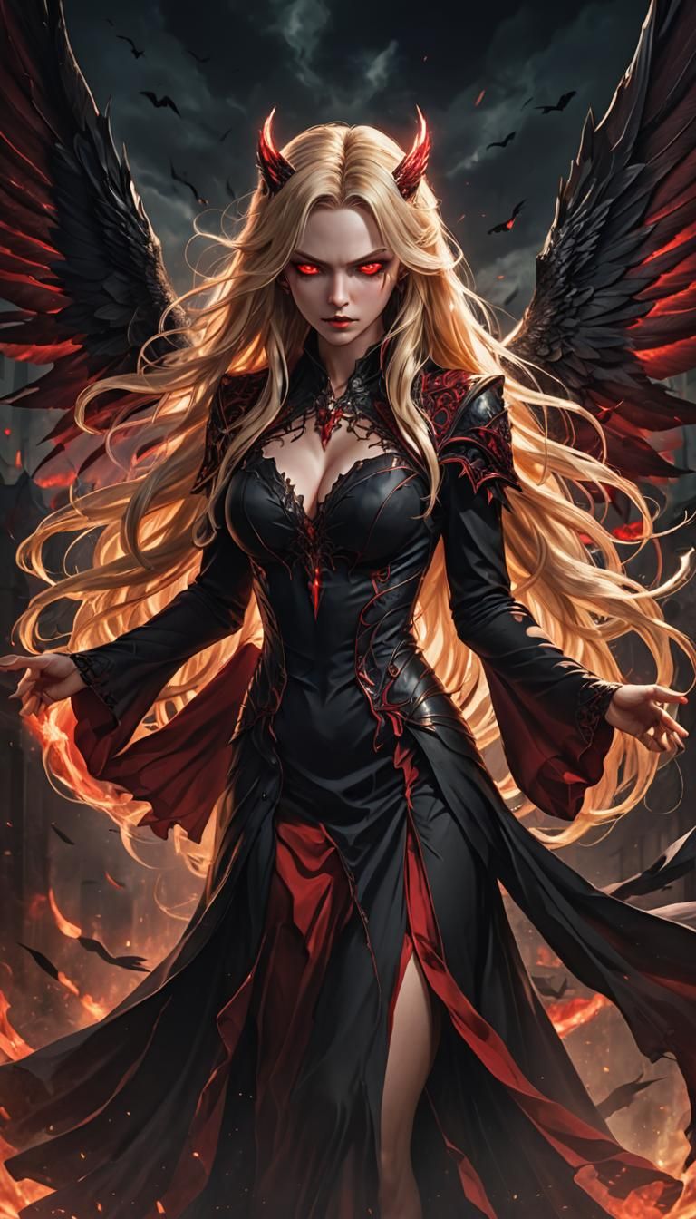 Fierce Vampire Woman with Wings in Anime Style