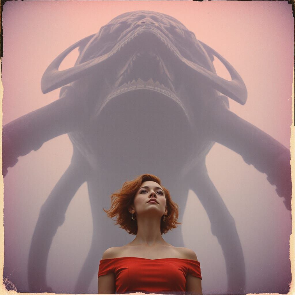 Ethereal Cyberpunk Goddess Confronts Leviathan in Faded Pola...