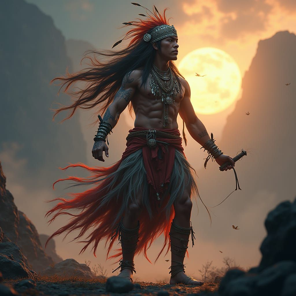 Ancient Shaman Warrior in Vibrant, Dreamlike Landscape