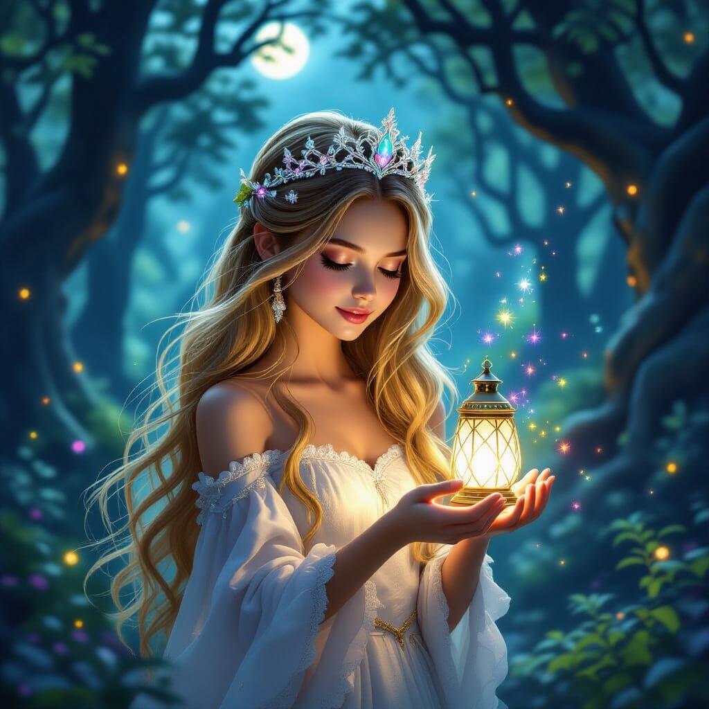 Enchanted Forest Girl with Pearl Crown in Fairycore Style