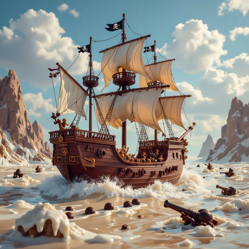 Chocolate Pirate Ship on White Chocolate Sea