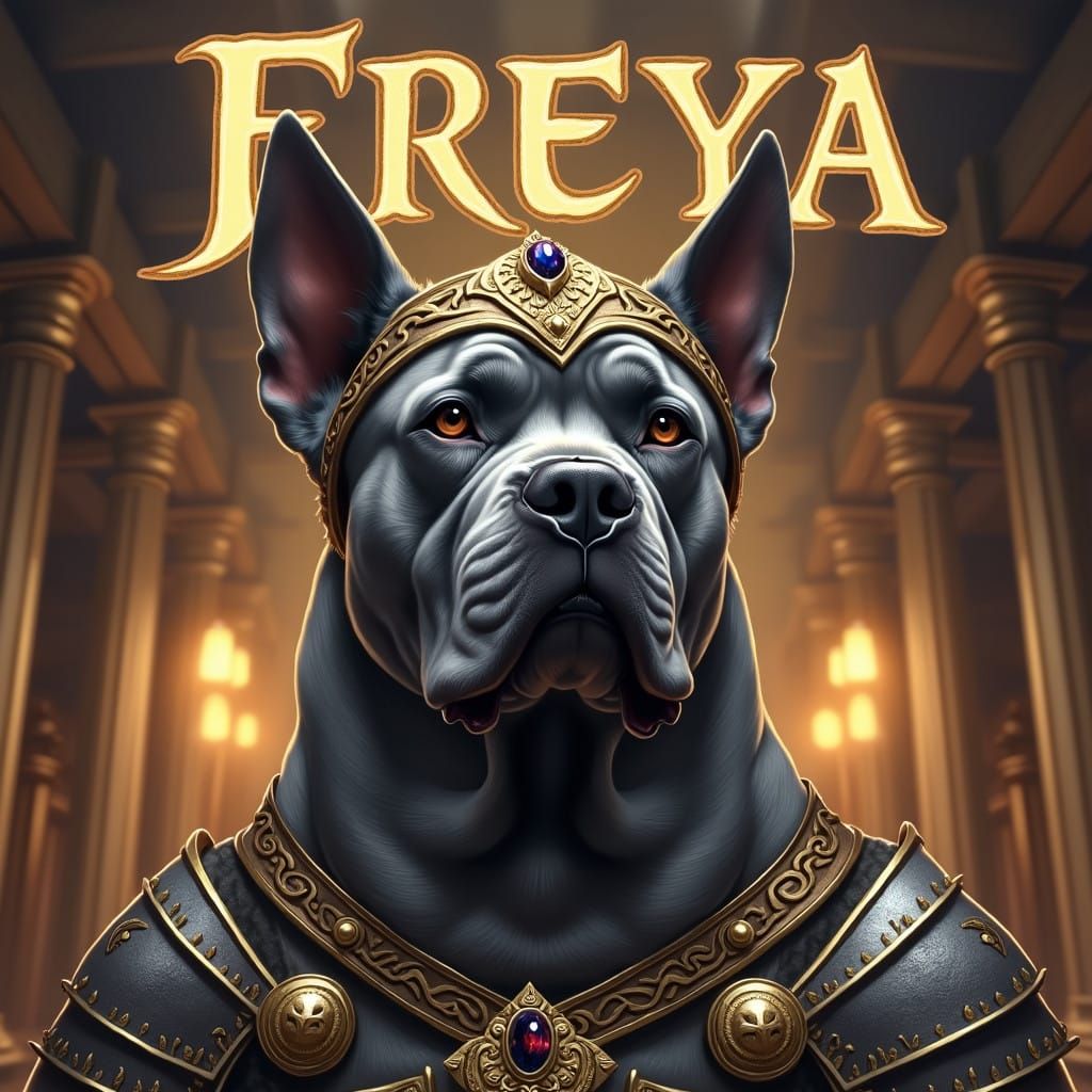 Grey Cane Corso Goddess of Valhalla with Regal Headdress and...