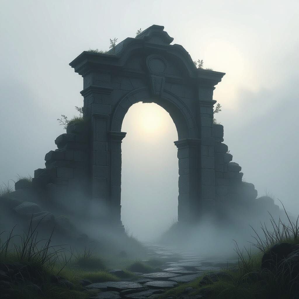 Ancient Foggy Stone Gateway in Ethereal Fantasy Style